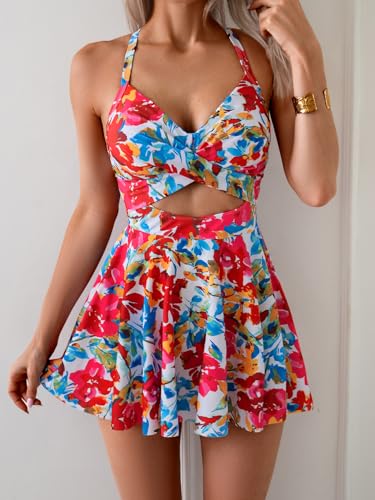 Image of B2prity Women Cutout One Piece Skirt Swimsuit V Neck Wrap Tie Back Swimdress Tummy Control Bathing Suits Slimming Swimwear