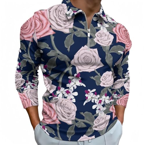 Polo à manches longues pour homme à fleurs roses style golf décontracté