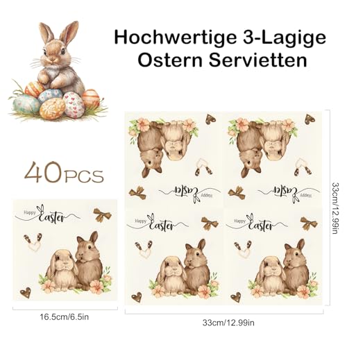 40 Stück Osterservietten mit Hasen Frühling Blumen,3-Lagig Hase Servietten Ostern,33×33 cm Tischdeko Oster Servietten Nostalgie Papierservietten für Serviettentechnik Gartenparty Easter Napkins