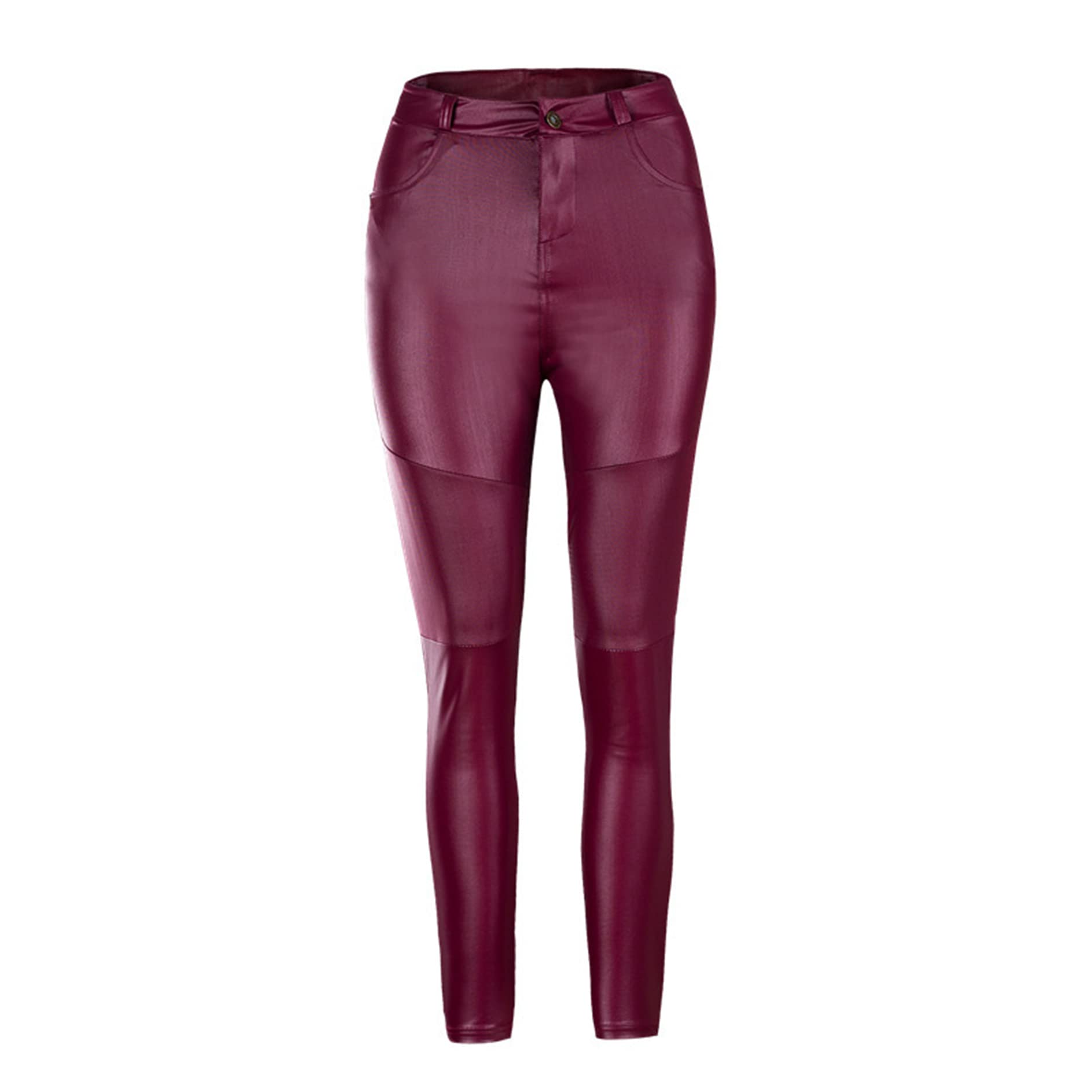 Damskie skórzane seksowne spodnie ze sztucznej skóry Push Up Legginsy Slim Fit Fałdy na kolanach Skórzane spodnie motocyklowe (wino-czerwone M)