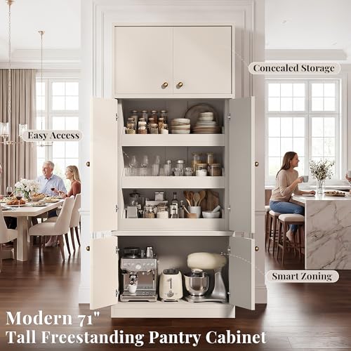 Image of 71 Inch Tall Kitchen Pantry Cabinet with Pull Out Drawers, Modular Concealed Storage Hutch, Expandable Wall System, Heavy Duty Thickened Panels, Freestanding Kitchen Organizer, White
