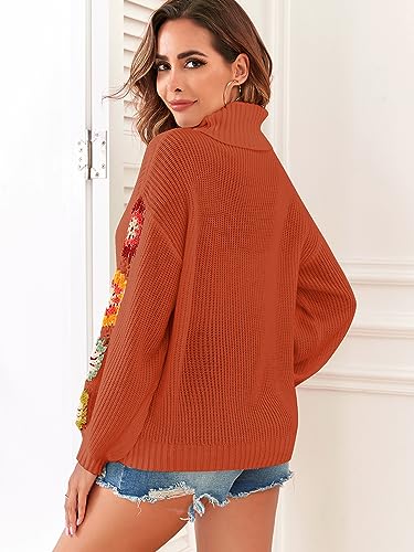 Image of ZAFUL Flower Crochet Turtleneck Sweater for Women Pullover Puff Long Sleeve Boho Knit Sweaters Trendy Knitwear Tops