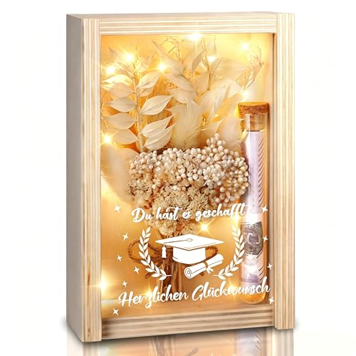 Boîte en bois avec fleurs séchées pour immortaliser le diplôme de bachelor