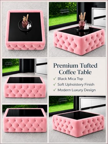 Image of Premium Tufted Upholstered Coffee Table with Mica Top - Modern Square Ottoman Center Table, Soft Velvet Finish, Luxury Living Room Furniture - 30 x 30 x 18 Inch (Pastel Pink)