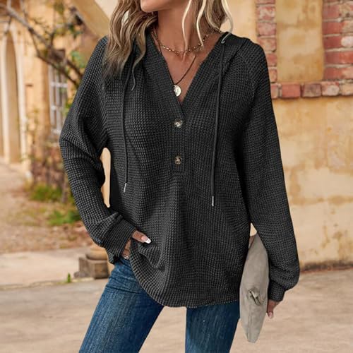 Hoodies for Women Comfortable Waffle Knit Long Sleeve Drawstring Button V Neck Casual Pullover Sweatshirt Hooded Tops - Image 3