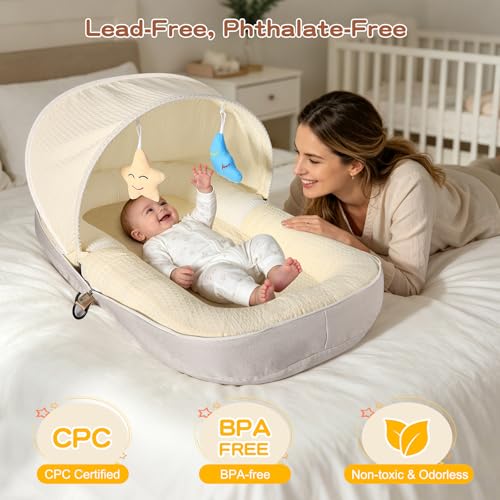 Image of Baby Lounger, Portable Foldable Infant Lounger for Newborn to Toddler(0-12 Month), Baby Nest with Removable Washable Cover for Home Travel Dual-Purpose