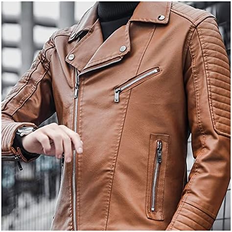 SCDZS PU Leather Motorcycle Mens Jackets Spring Autumn Lapel Thicken Slim Windproof Zipper Jacket Male Clothes (Color : Brown, Size : XXXL Code)