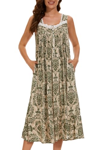 Image of AVIIER Cotton Nightgowns for Women Sleeveless House Dress Ladies Long Nightdress with Pockets S-XXL
