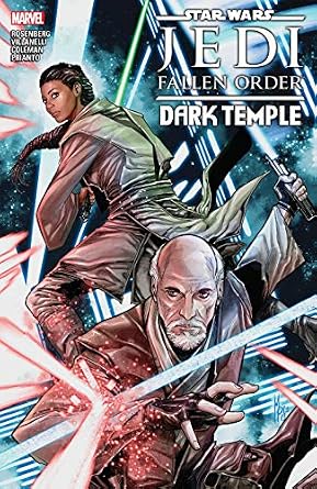 The book cover of Star Wars Jedi Fallen Order: Dark Temple features two Jedi, a woman and an older man, engaged in a lightsaber battle with enemies not seen, though their laser beams are being deflected by the lightsabers.