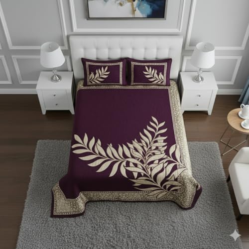 Image of Fresh from Loom Printed Bed Cover with Leaf Print Design, Chenille 500 TC Bedding Fabric, Bedsheet Set with 2 Pillow Covers, Soft Breathable Bed Cover for Bedroo 90x100 Inches | Purple | Chenille