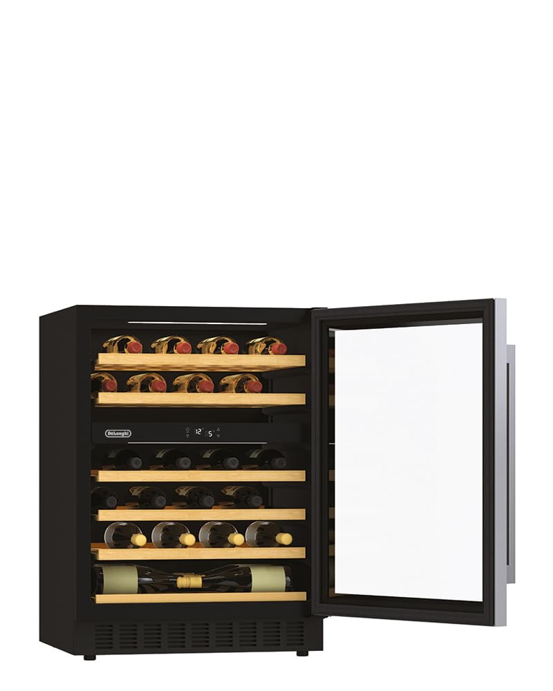 De'Longhi CA6DZ6G Cantinetta Refrigerata Vino, Da Incasso, Sotto Top, 134 Litri, 39 dB(A) 8 Ripiani In Legno, Controllo Temperatura, Luce Interna, Porta Reversibile, Colore Nero, Classe Energetica F
