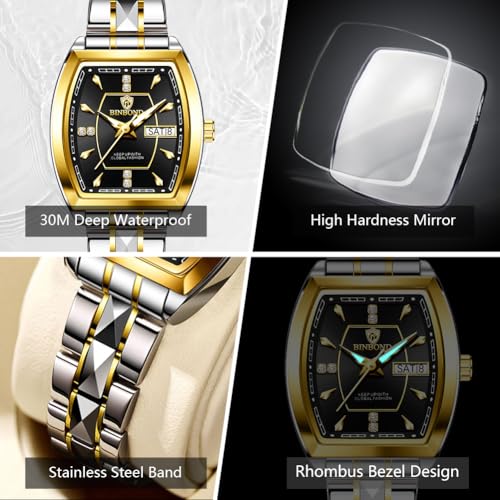 Image of BINBOND Square Watches for Women Analog Quartz Day Date Ladies Wrist Watch Diamond Stylish Stainless Steel Dress Womens Watch Elegant Luminous Waterproof