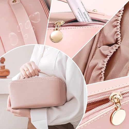 Image of ANGENIL Makeup Pouch Bag, Travel Pouches for Women, Vanity Bag for Women Latest, Cosmetic Organizer, Travel Toiletry Bag, Mini Makeup Bag and Skincare Pouch, Leather Vanity Bag (Pink, Medium)