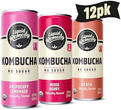 Liquid Remedy Kombucha Sugar Free Organic Drink, Low Calorie, Probiotic Like Tea for Gut Health - Fruity Faves Variety Pack - 8.5 Fl Oz Can, 12-Pack