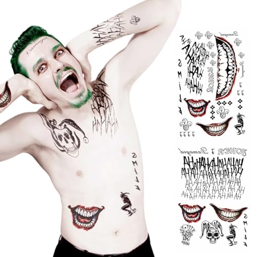 3 Sheets Halloween Temporary Tattoos for Women Kids Men Makeup Kit Cosplay Halloween Fake Face Joker Tattoos Stickers Realistic Temporary Tattoos Rave Party Makeup Accessories