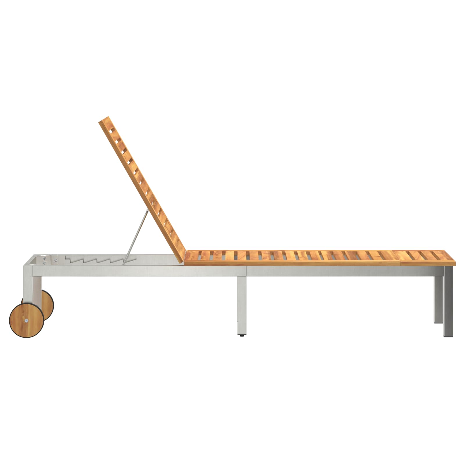 Lettino prendisole con ruote in legno massello di acacia e acciaio inox, schienale regolabile, resistente alle intemperie e facile da spostare per giardino o balcone, design moderno, spazioso