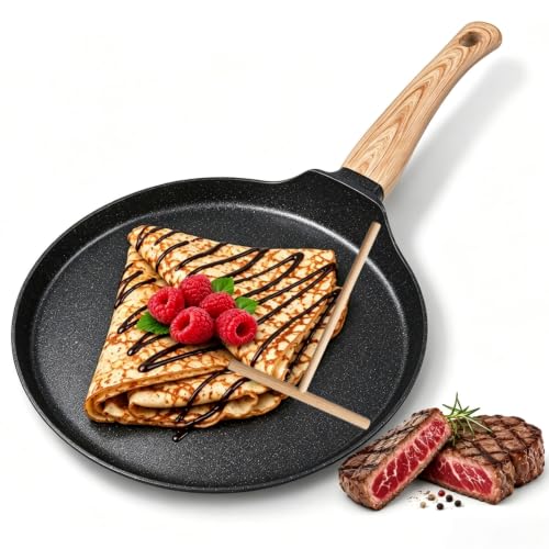 HUPECHAM Crepe Pan 9.5-Inch Nonstick Swiss Granite Coating Dosa Pan, Pancake Skillet, Tawa Griddle with Stay-Cool Handle - Induction Compatible, Smokeless & Healthy Cooking