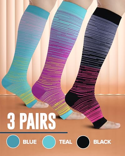 Image of Doctor's Select 3 Pairs Copper Toeless Compression Socks Women & Men - 20-30 mmHg Open Toe Compression Socks Knee High Women