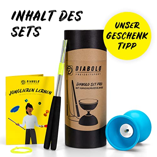 Diabolo Freizeitsport Jonglier-Set Pro mit kugelgelagertem Diabolo (türkis), Handsticks aus Aluminium, Ersatzschnur (160cm) und Gedruckter Anleitung - mit Geschenkverpackung ideal zum Verschenken