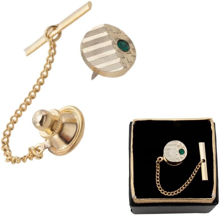 Gold Tone Tie Tack Tac Pin Green Rhinestone Retro Mens Jewelry - Gift Boxed Fashion Details for Ties Trendy Accessories Stylish Additions