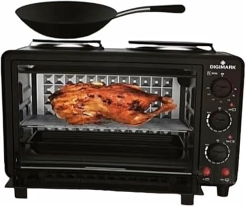 Electric Oven with 2 Hot Plate, Black, 28L Capacity | Built-In Hot Plate, Rotisserie Function, Countertop Design, Multiple Knob Controls, Bake & Grill