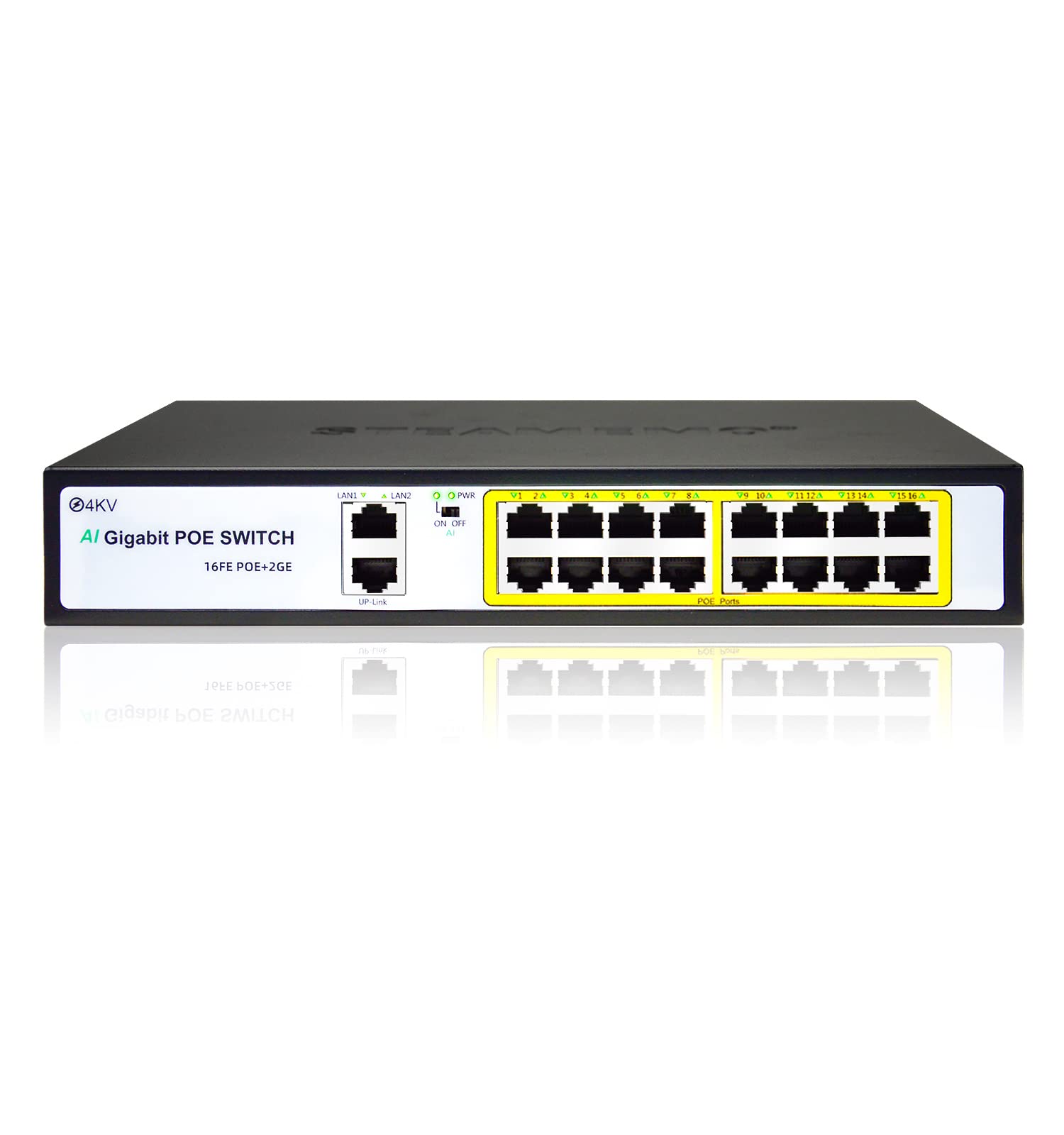 STEAMEMO 18 Port PoE+ Switch,16 POE+ Port 100Mbps with 2 Gigabit Uplink,802.3af/at Compliant, 200W Built-in Power,Unmanaged Metal Plug and Play, 4kV Lightning Protection,AI Detection