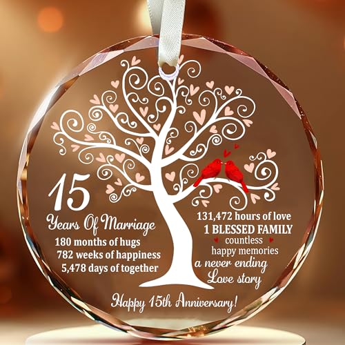 Bozspacer 15th Wedding Anniversary Ornament for Parents Couple Wife Husband - Crystal Anniversary Wedding Gift Ideas - Glass Ornament for 15 Years Marriage