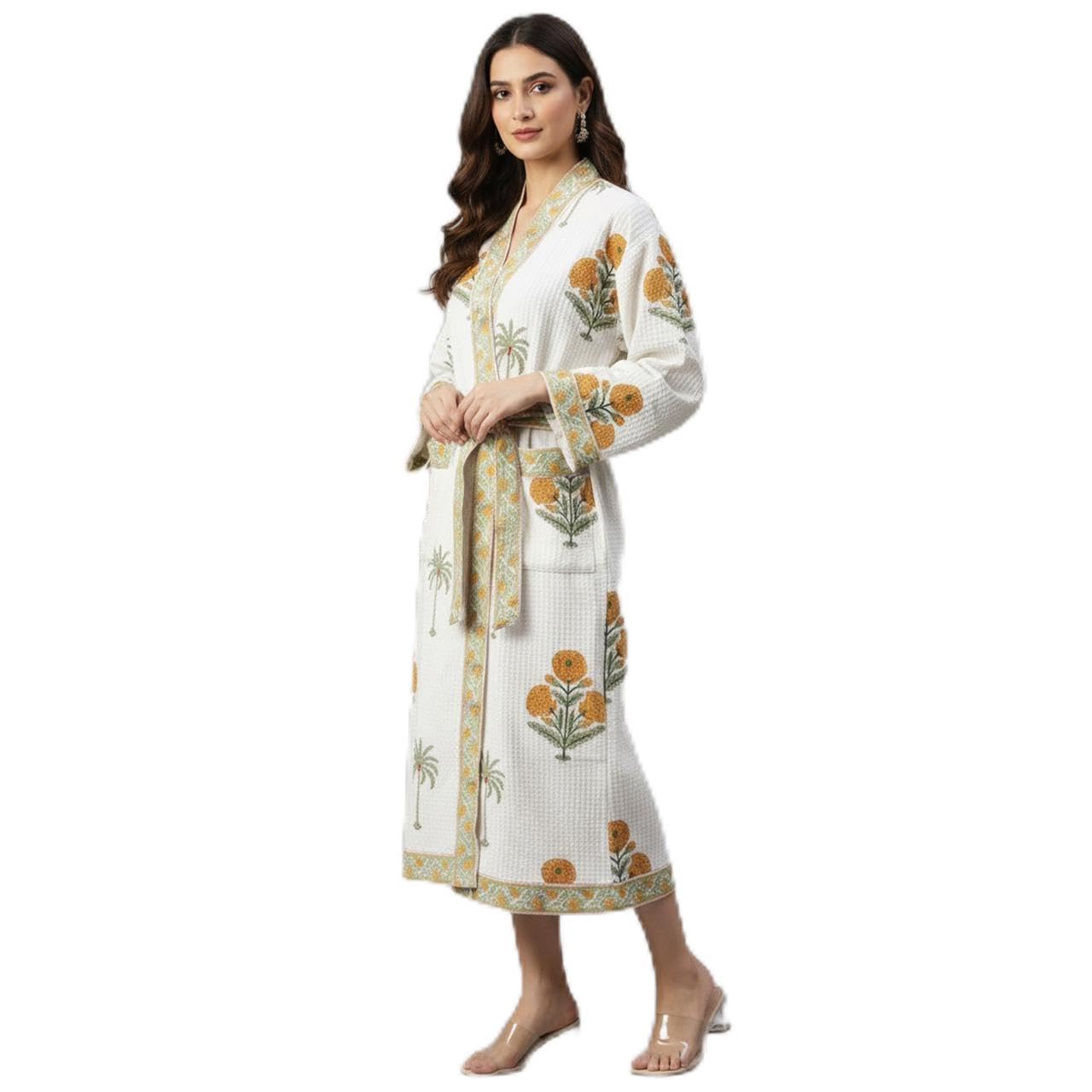 Patagonia Hand Block Print Premium Cotton Waffle Fabric White Bathrobe (Musturd and green buta)-image-4