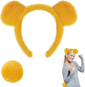 Bear Costume Set - Yellow Bear Ears Headband and Tail for Halloween Fancy Dress Cosplay Party Supplies