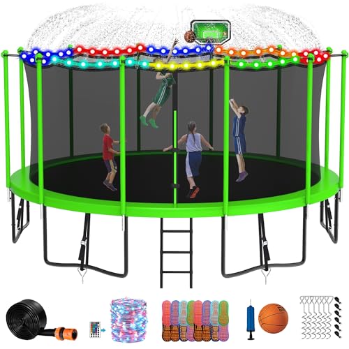 DeepRoar Tranpoline for Kids and Adults, 8FT Tranpoline with Basketball Hoop, Safety Enclosure Net, Heavy Duty Tranpoline with Light, Sprinkler, Socks, Ladder, ASTM Approved, Green