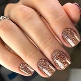 ANDGING Bling Brown Press on Nails Square Short fake on Fake Nail with Designs Fantasy Glitter Acrylic Gel Full Cover Pressons for Wedding Manicure Stick on Nail for Women