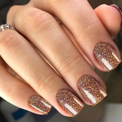 ANDGING Bling Brown Press on Nails Square Short fake on Fake Nail with Designs Fantasy Glitter Acrylic Gel Full Cover Pressons for Wedding Manicure Stick on Nail for Women