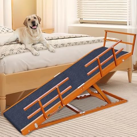 Large Dog Ramp Bed Couch: JOPAVO Wooden Indoor Pet Ramps, 65 Inch Long 5-level High Adjustable from 18" to 32" Tall, Foldable with Non-Slip Replaceable Carpet, Safety Rail for Small Doggy Bedroom Sofa Cover