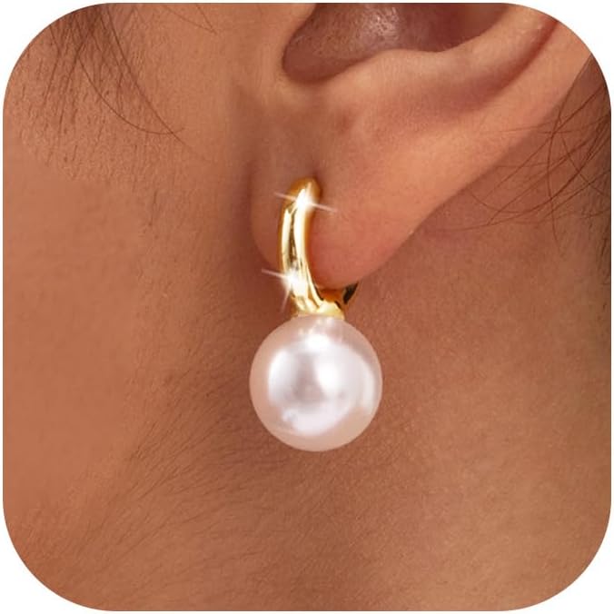 MOODEAR Dainty Pearl Earrings – Trendy 14k Gold Plated/Silver Bridal Small Hoop Drop Dangle Earring for Women Wedding Jewelry Gifts for Her