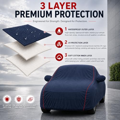 Image of Premium Car Cover for BMW 3 Series Gran Limousine Model | Waterproof, UV & Dust Protection | Mirror & Antenna Pocket | Triple Stitched, Soft Inner Lining, Belt & Buckle (Navy Blue)