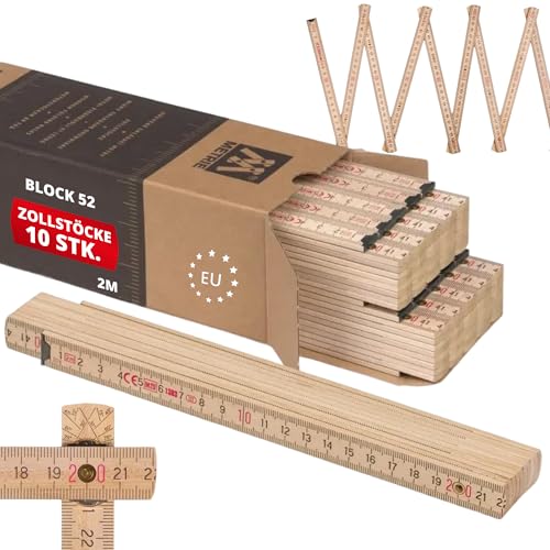 Metrie™ Zollstock – Gliedermaßstab 2m | Meterstab, Maßstab – Natur – Duplex Teilung, Hergestellt in der EU | Buchenholz & Stahlgelenke, CE Kl. III | für Handwerker, DIY | BLOCK 52 – 10 Stück