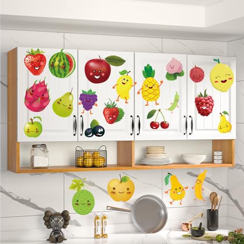 Cartoon Fruit Wall Sticker DIY Kitchen Green Fruit Apple Watermelon Pear Banana Decor Decorative Peel and Stick Glass Door Refrigerator Door Window Restaurant Wall Sticker Decals Art (fruit1)