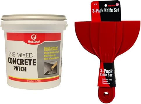 Red Devil 0641 Pre-Mixed Concrete Patch, 1 Gallon, Pack of 1, Gray & 4718 3-Piece Plastic Knife Set, 1-Pack