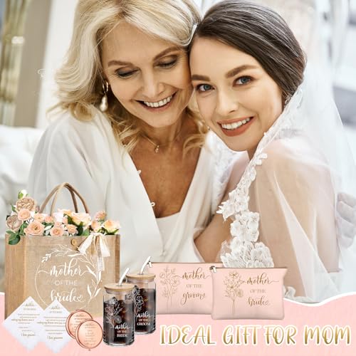 Image of Hushee 12 Pcs Mother of the Bride Groom Gift Set: Satin Robes for Women Tote Bags Makeup Bags 16oz Glass with Straws Handkerchiefs Mirrors for Mom Bridal Shower Wedding Gifts (Pink,Flower)