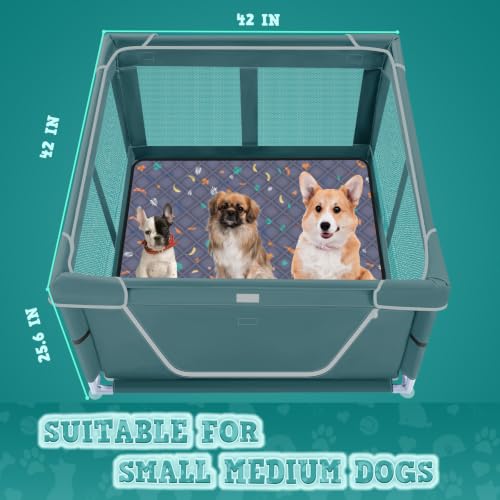 Image of XVISHX 42x42 Inches Puppy Playpen with Dog Pads, Dog Playpen for Puppies or Small Dogs, Pet Playpen for Indoor & Outdoor, Thickened Fabric, High-Strength Nylon Wire Mesh, Bluish Green