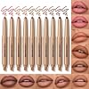 Set de 10 delineadores de labios de doble punta con difuminador de silicona | punta de precisión delinea los labios; difuminador angular de silicona difumina uniformemente. Cremoso mate, waterproof, larga duración en tonos neutros para maquillaje diario. Lápiz de 1 unidad (paquete de 10) 4
