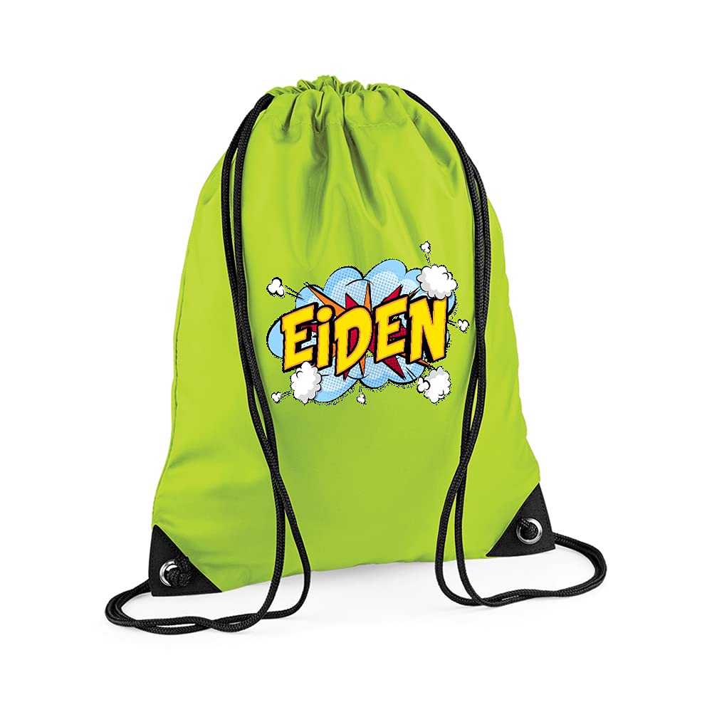 Getagift Personalised with Any Name Comic Pop Art Themed Gift for Children, Kids, Girls/Boys, Back to School, Premium Drawstring Bag, PE Gym Kit School, Swimming, PE Kids Sport Rucksack. (Lime Green)