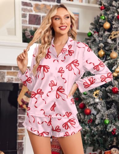 Image of Ekouaer Womens Satin Pajama Sets Cute Button Down Silk Pjs with Ruffle