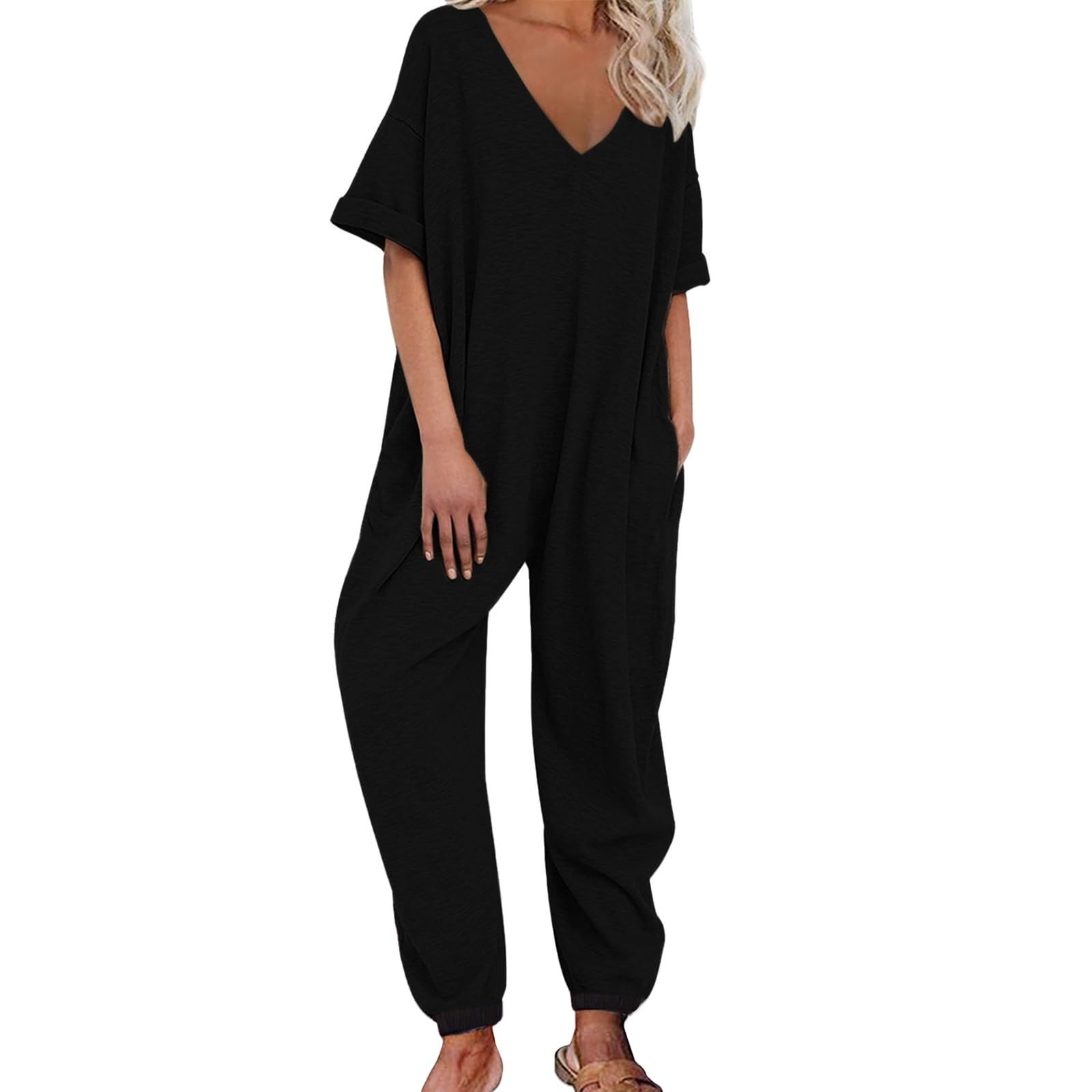 liaddkv Mono de verano para mujer, manga corta, cuello en V, chándal para mujer, mono de peto, pantalones de trabajo, suaves, cómodos, sin mangas, talla grande, ropa de calle