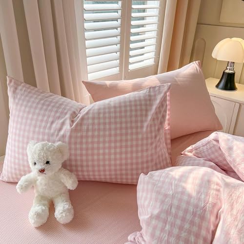 Image of Nayoroom Gingham Duvet Cover Queen Size Pink White Plaid Checkered Comforter Cover Grid Farmhouse Bedding Set 3 Pcs Soft Breathable Washed Microfiber Gifts for Women Men