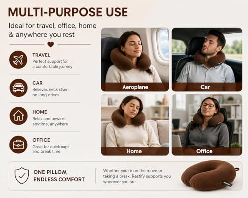 Image of Restify Premium Memory Foam Travel Neck Pillow | Soft Velvet U Shape Neck Support Cushion for Flight, Airplane, Car & Office Travel | Portable Pillow for Men & Women | Brown