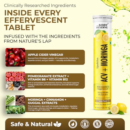 Image of The Body Reserve ACV Moringa Effervescent Tablets with Lemon Cider Vinegar, Cinnamon & Pomegranate | Supports Metabolism, Digestion & Energy | Lemon Flavor | Pack of 3 (60 Tablets)
