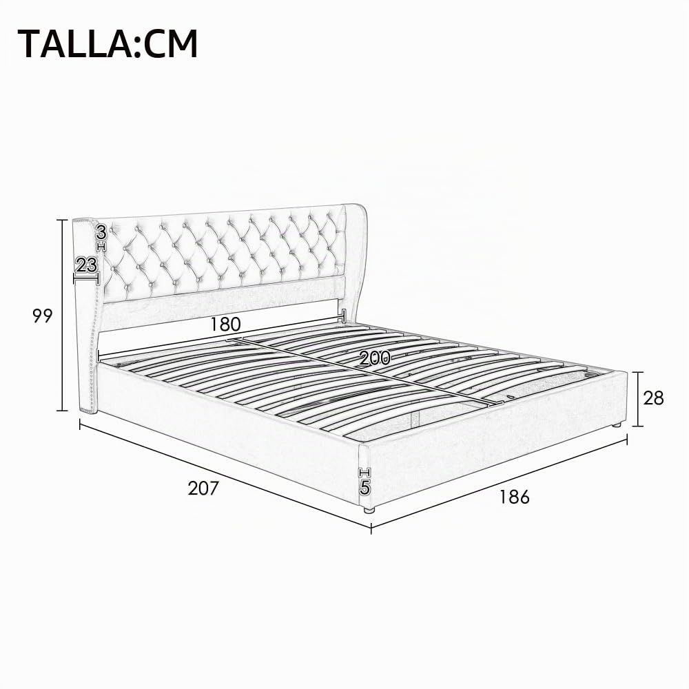 Lubvtti Cama acolchada de terciopelo con forma de oreja, cama de matrimonio con espacio de almacenamiento hidráulico, cama de matrimonio con somier de láminas (beige, 180 x 200)