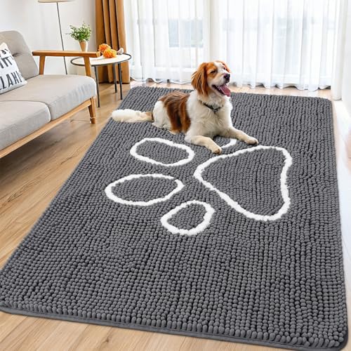Image of Smiry Dog Door Mat for Muddy Paws, Absorbent Dirt Trapper Non Slip Quick Dry Washable Chenille Mat for Mud Dogs, Entry Rug for Indoor and Outdoor (70x35 Inches, Dark Grey and White)