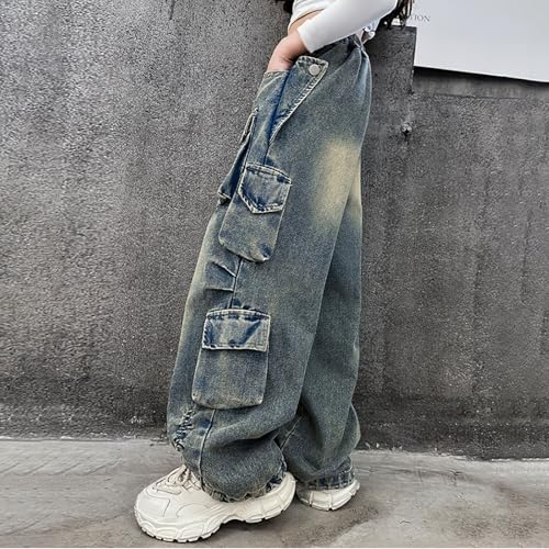 Little Girls Streetwear Denim Cargo Pants High Waist Floor Length Baggy Wide Leg Jeans with Multi Pockets2